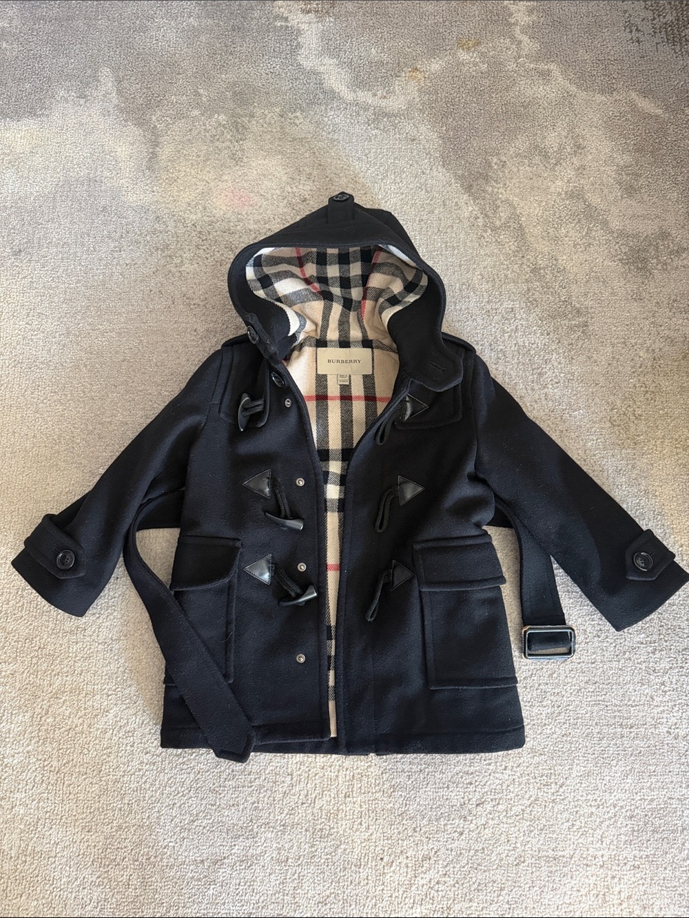 Burberry Kids Black Hooded Wool Duffle Coat with Signature Check Lining, size 4
